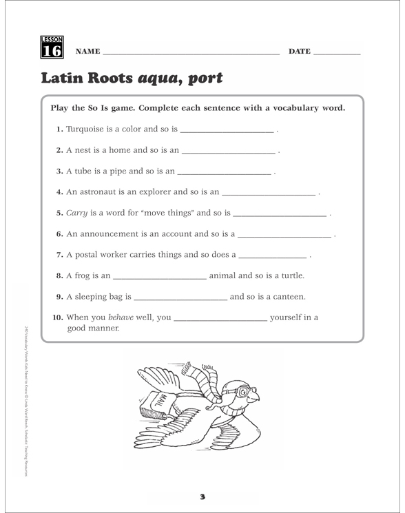 Latin Roots (aqua, port) Grade 4 Vocabulary Printable Skills Sheets