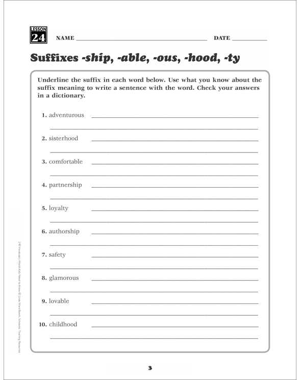 Suffixes (-ship, -able, -ous, -hood, -ty): Grade 4 Vocabulary