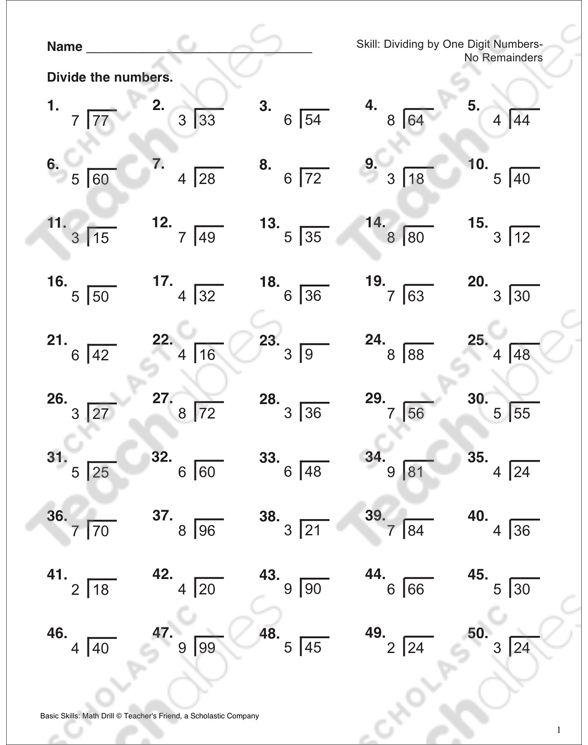 Dividing By One-Digit Numbers - No Remainders | Printable Skills Sheets