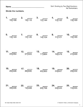 Dividing By Two-Digit Numbers - No Remainders | Printable Skills Sheets