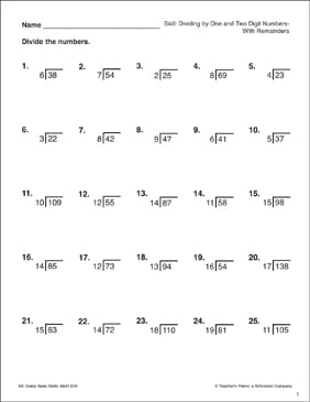 dividing by two and three digit numbers with remainders printable skills sheets