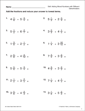 Adding Mixed Numbers with Different Denominators | Printable Skills Sheets