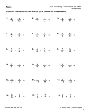 Subtracting Fractions With The Same Denominators Gr 4 5