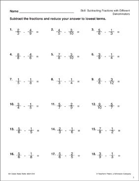 subtracting fractions with different denominators gr 5 printable skills sheets