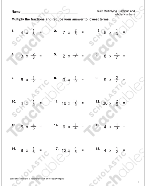 Multiplying Fractions and Whole Numbers (Grade 5) Printable Skills Sheets