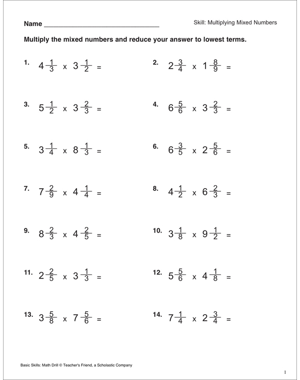 Multiplying Mixed Numbers Printable Skills Sheets