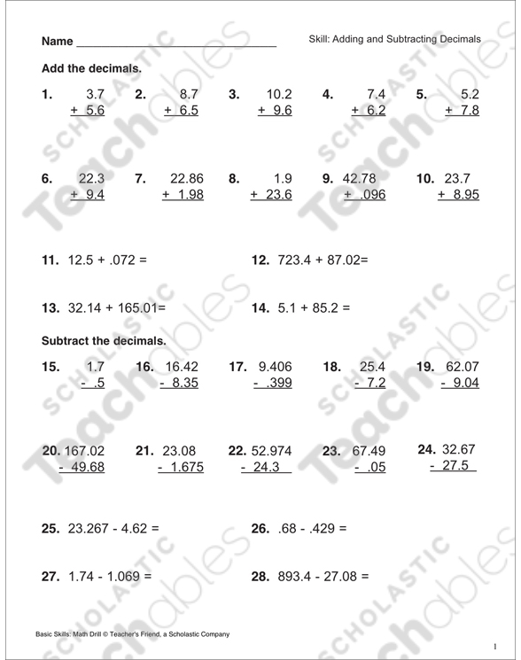 adding-and-subtracting-decimals-printable-skills-sheets