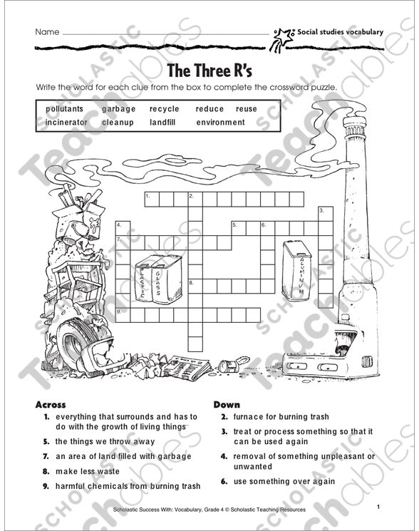 the three r s crossword puzzle page social studies vocabulary printable crossword puzzles skills sheets