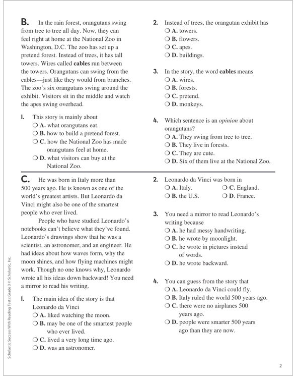 Reading Skills Practice Test 3 (Grade 3) | Printable Test Prep, Tests and Skills Sheets