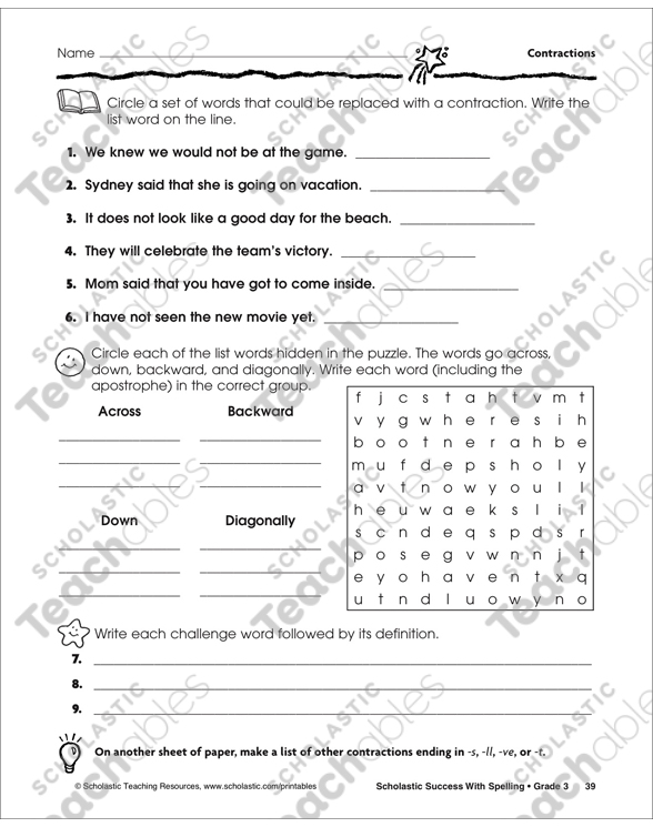 where s ben contractions printable
