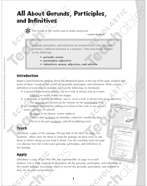 Gerunds, Participles, and Infinitives Grammar Mini-Lesson | Printable  Lesson Plans and Ideas, Skills Sheets