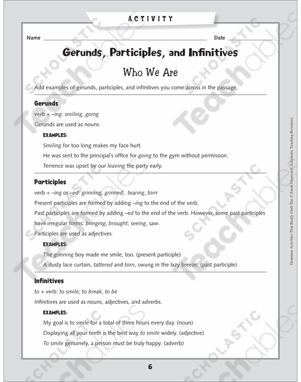 Gerunds, Participles, and Infinitives Grammar Mini-Lesson | Printable  Lesson Plans and Ideas, Skills Sheets