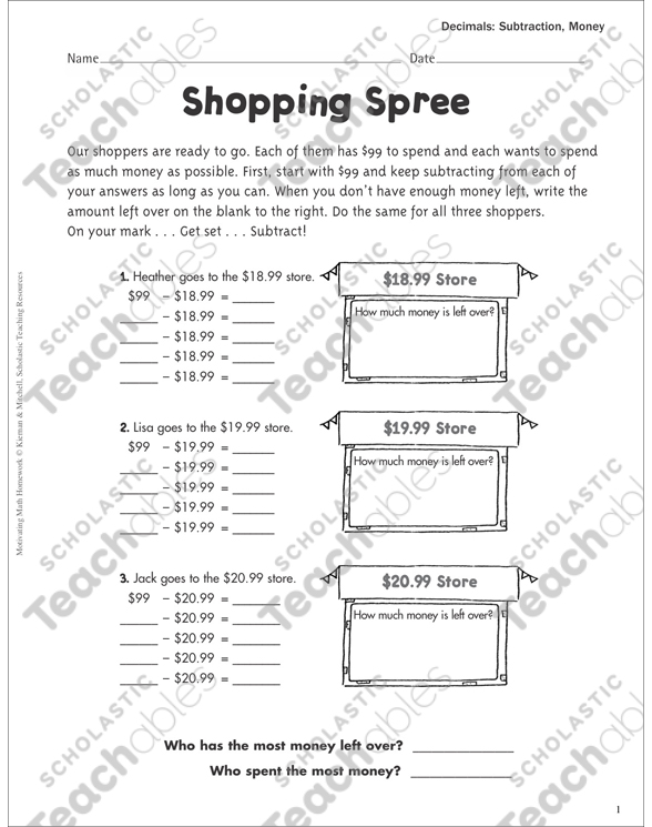 shopping spree subtraction money printable skills sheets