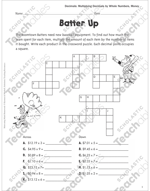 batter up multiplying decimals by whole numbers money printable number puzzles skills sheets