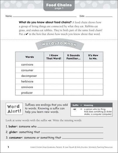 Food Chains Science Vocabulary Printable Skills Sheets