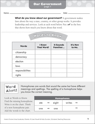 Our Government: Social Studies Vocabulary | Printable Skills Sheets