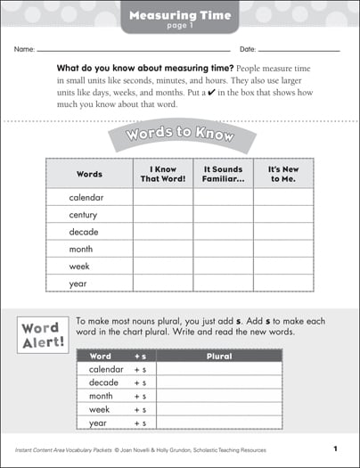 Measuring Time: Math Vocabulary | Printable Skills Sheets