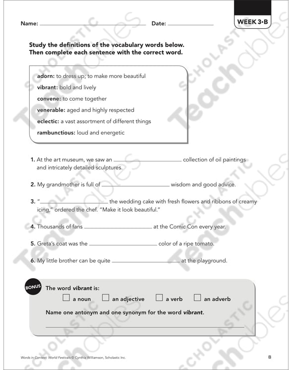 Words in Context: World Festivals (March) | Printable Skills ...
