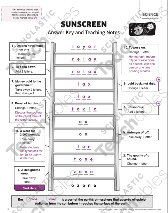 Sunscreen: Content Area Word Ladder | Printable Games and ...