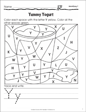 Yummy Yogurt (Identifying Y) | Printable Skills Sheets and Hidden Pictures