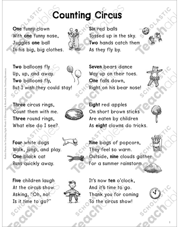 Counting Circus Number Words Sight Words Poem Printable Skills Sheets Cut And Pastes