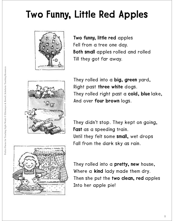Two Funny, Little Red Apples (Adjectives) Sight Words Poem Printable