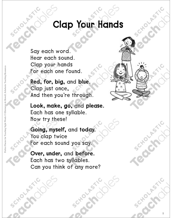 Clap Your Hands Counting Syllables Sight Words Poem Printable Skills Sheets