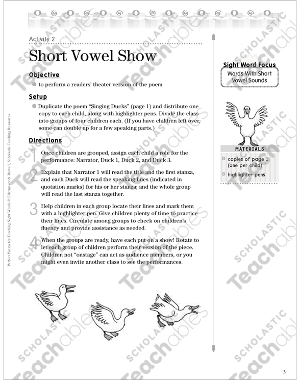 Singing Ducks Short Vowel Sounds Sight Words Poem Printable Skills Sheets