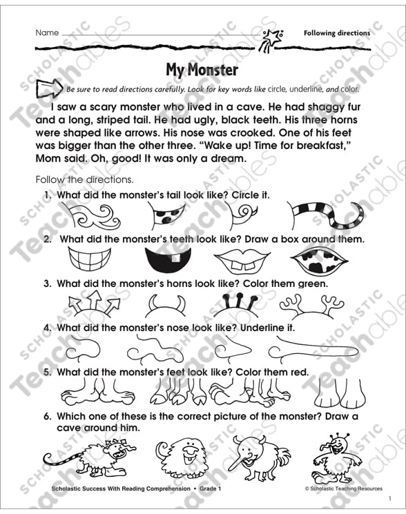 my monster following directions printable skills sheets