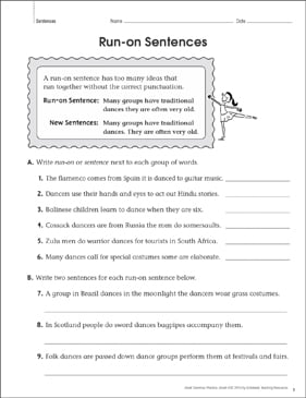 Run-on Sentences: Grammar Practice Page | Printable Skills Sheets