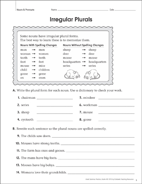 irregular plurals nouns grammar practice page printable skills sheets