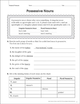 possessive nouns grammar practice page printable skills sheets