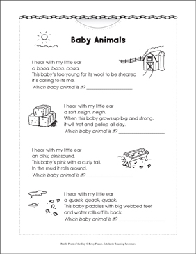 Baby Animals Riddle Poem Of The Day Printable Texts