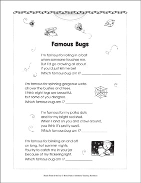 Famous Bugs Riddle Poem Of The Day Printable Texts