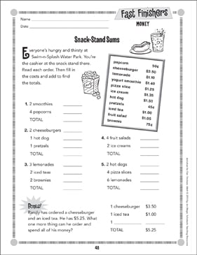 Snack-Stand Sums (Money): Fast Finishers | Printable Skills ...