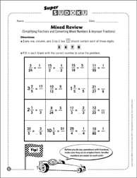 Sudoku Puzzle Mixed Review Simplifying Fractions And Converting Mixed Numbers Improper Fractions Printable Sudoku Skills Sheets
