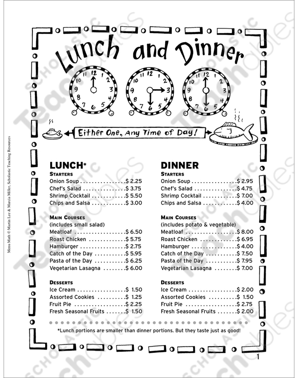Lunch and Dinner: Menu Math (Grades 4-5) | Printable Skills ...