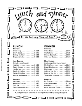 Lunch and Dinner: Menu Math (Grades 4-5) | Printable Skills Sheets