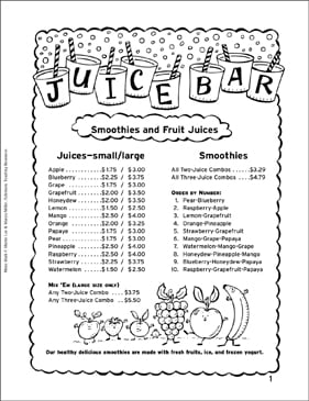 Juice Bar Menu Math Grades 4 5 Printable Skills Sheets