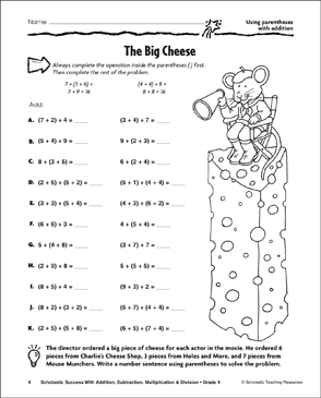 The Big Cheese - Using Parenthesis With Addition | Printable Skills Sheets