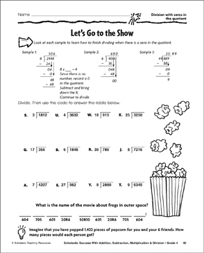 Let's Go To The Show: Dividing With Zeros In The Quotient | Printable Skills Sheets, Number Puzzles