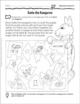Katie The Kangaroo Beginning Consonant K Printable Skills Sheets Games And Puzzles