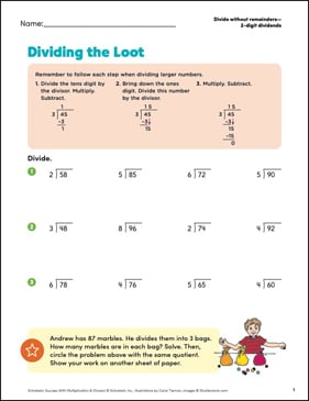 Dividing the Loot (2 digits without remainders) | Printable Skills 