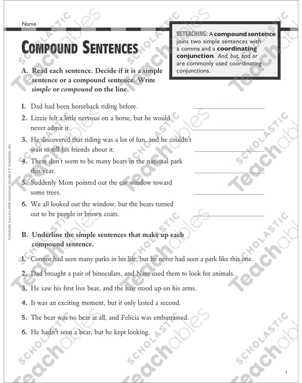 compound sentences grammar practice grade 4 printable test prep