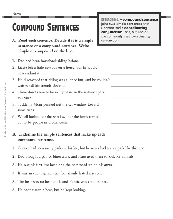 Compound Sentences Grammar Practice Grade Printable Test Prep 