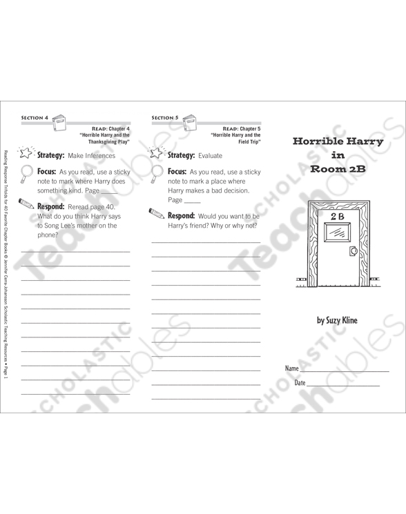 Horrible Harry In Room 2b Level L Reading Response Trifold Printable Bookmarks And Toppers Skills Sheets