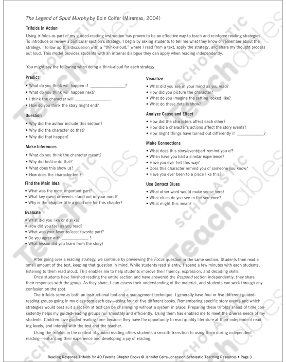 The Legend Of Spud Murphy Level P Reading Response Trifold