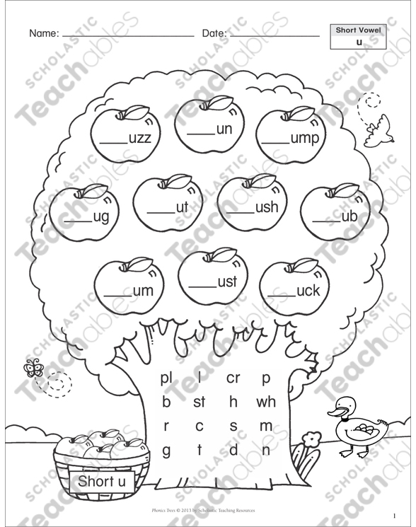 short vowel u phonics tree printable skills sheets