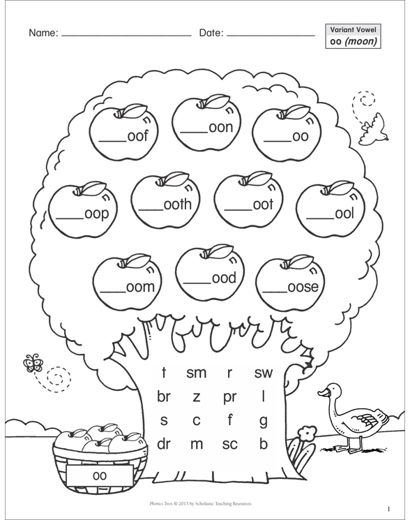 Variant Vowel (oo-Moon): Phonics Tree | Printable Skills Sheets