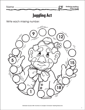 juggling act ordering numbers 1 20 printable skills sheets
